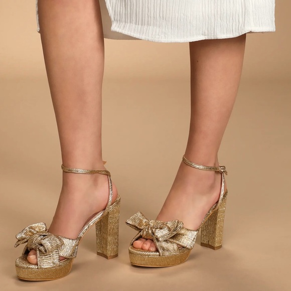 Lulus Gold Metallic Bow Platform Ankle Strap Heels Size 6.5 - Picture 5 of 10